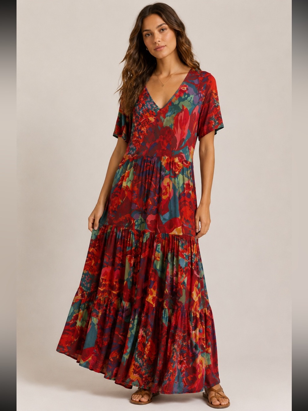Soft Surroundings 100% rayon maxi dress BoHo teared colorful floral V-neck. M